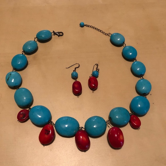 Jewelry - Turquoise & coral sterling necklace earring set
